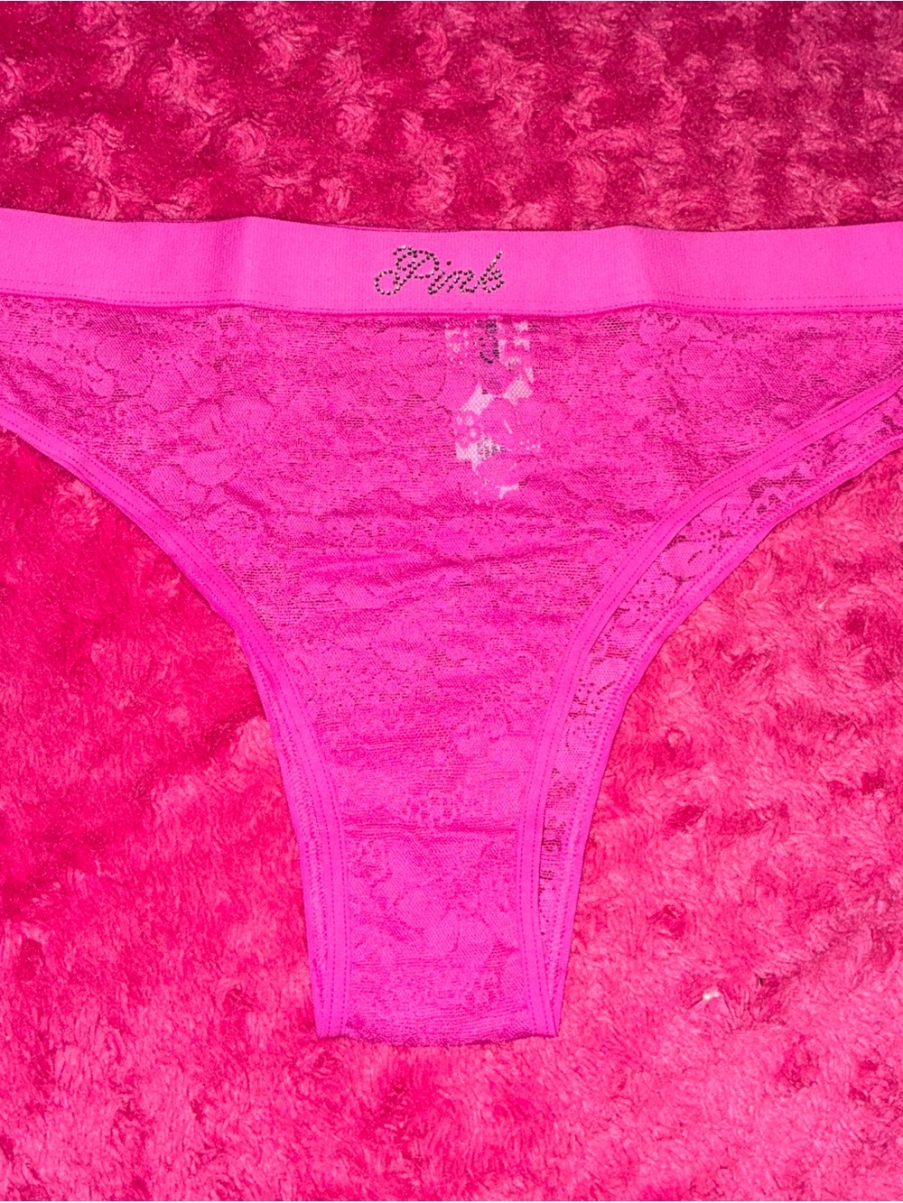 PINK Victoria's Secret Rhinestone Logo Lace Bikini in Bright Pink